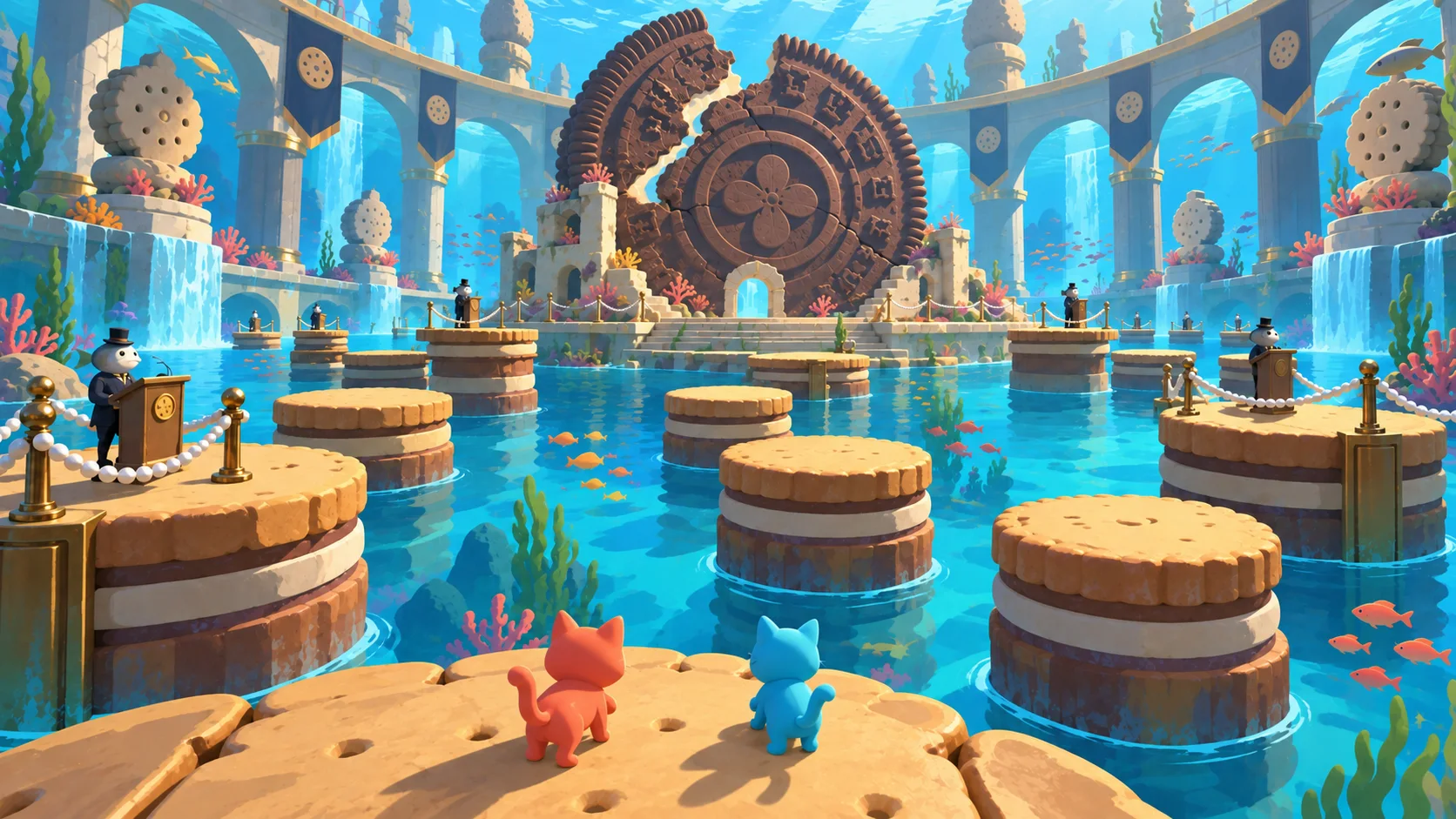 An orange cat and a blue cat explore cookie islands in a turquoise underwater kingdom.
